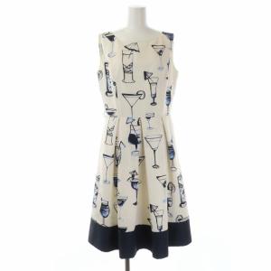 M'S GRACY カクテル柄ノースリーブワンピース ミモレ ロング フレア タック 総柄 40 オフホワイト 紺 ネイビー 青 ブルー
