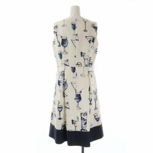 M'S GRACY カクテル柄ノースリーブワンピース ミモレ ロング フレア タック 総柄 40 オフホワイト 紺 ネイビー 青 ブルー