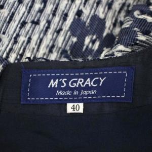 M'S GRACY ツイード フラワー 半袖 ワンピース ロング ミモレ丈 ベルト付き 40 紺 白 ネイビー ホワイト
