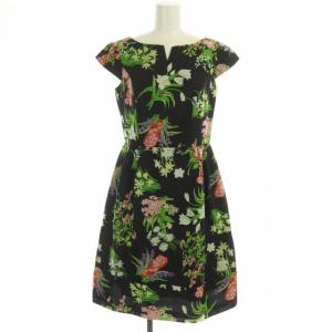 花柄 フレンチスリーブ ワンピース ひざ丈 キーネック 2 黒 ブラック マルチカラー