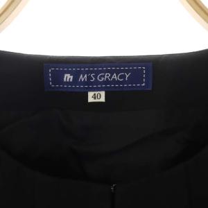 M'S GRACY ノーカラージャケット ツイード切替 ショート丈 リボン 40 黒 ブラック グレーミックス