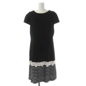 M'S GRACY ワンピース 切替 ボーダー レース 半袖 ミモレ丈 ロング フレア リボン 42 黒 白 ブラック ホワイト