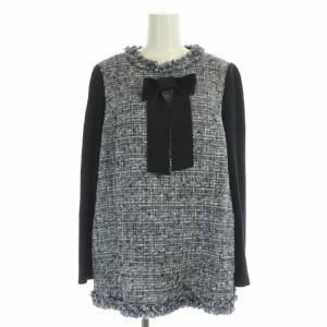 ツイードチュニック カットソー 長袖 クルーネック フリンジ 袖切替 リボン ラメ ウール混 42 紺 青 オフホワイト