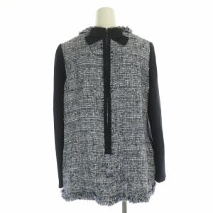 M'S GRACY ツイードチュニック カットソー 長袖 クルーネック フリンジ 袖切替 リボン ラメ ウール混 42 紺 青 オフホワイト