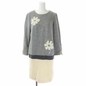 長袖花柄ワンピース 台形 膝丈 スパンコール クルーネック 40 グレー アイボリー