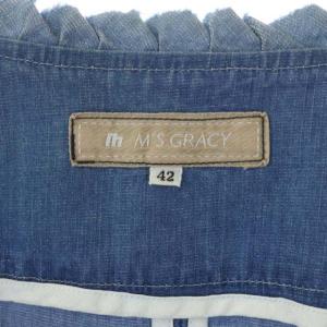 M'S GRACY デニムジャケット ノーカラージャケット ショート丈 フリル ボタンレス コサージュ付き 42 青 ブルー