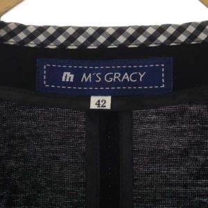 M'S GRACY ダブルジップ ノーカラージャケット チェックパイピング ギャザー ストレッチ 42 黒 ブラック