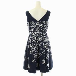 Grace Class グラデフラワー刺繍ワンピース 膝丈 ノースリーブ タック フレア Vネック 36 紺 白 ネイビー ホワイト