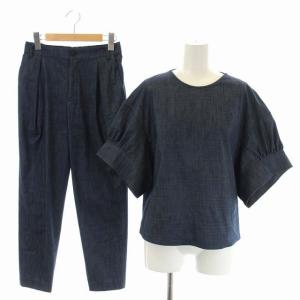 セットアップ 上下 スラブデニムバックネックベルトブラウス 五分袖 テーパードパンツ 36 38 紺 ネイビー