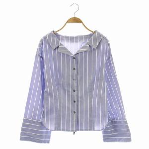 コンパクトストライプ 後ろレースアップブラウス シャツ オープンカラー 前開き 長袖 38 ライトブルー 白 ホワイト