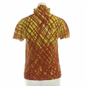 me ISSEY MIYAKE 総柄プリントワッフルプリーツハイネックブラウス カットソー プルオーバー 半袖 茶 黄緑 ブラウン イエローグリーン