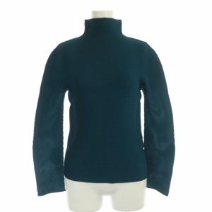 ワッフルプリーツハイネックブラウス カットソー プルオーバー 長袖 青緑 ブルーグリーン