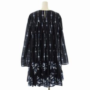 Merlette SOLIMAN SHIBORI ワンピース 長袖 ティアード ギャザー フレア 総柄 XS 紺 白