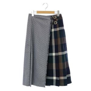 千鳥柄 チェック プリーツ ラップスカート フレア ミモレ丈 ロング ウール 36 マルチカラー