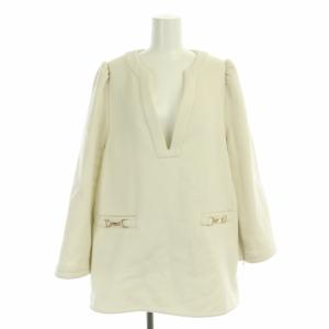 22AW ビットデザイントップス カットソー 長袖 キーネック プルオーバー チュニック ウール混 F オフホワイト