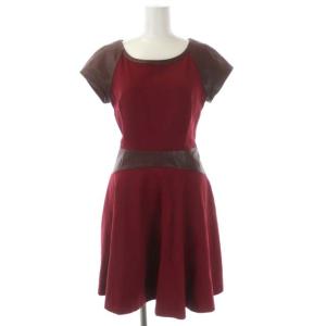 レザー切替ワンピース ミニ 半袖 フレア 4 ボルドー 茶 ブラウン