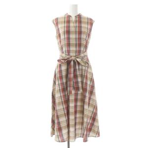 22AW マドラスチェックシャツワンピース ロング ノースリーブ キーネック 34 ベージュ マルチカラー