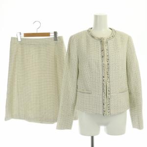 vingt-trois ツイード セットアップ スーツ 上下 ノーカラージャケット 台形スカート 膝丈 ラメ 総柄 40 オフホワイト