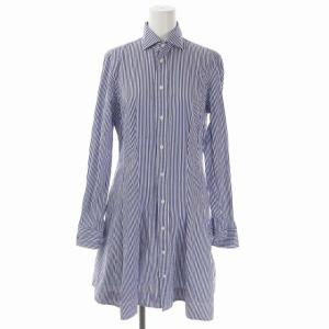 シャツワンピース 長袖 ひざ丈 ストライプ 2 青 ブルー 白 ホワイト