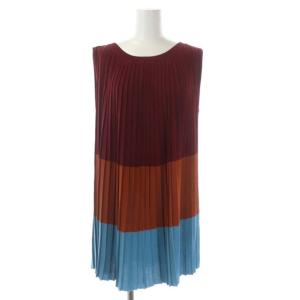 イッセイミヤケ ニットプリーツチュニック ノースリーブ ボートネック 3 ボルドー オレンジブラウン ライトブルー