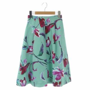 フラワーペイントフレアスカート ミモレ丈 ロング タック 花柄 34 ミントグリーン ピンク 紫