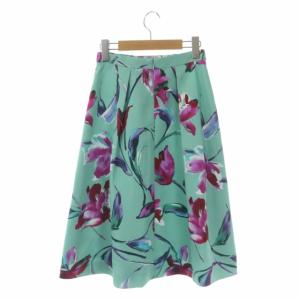 ANAYI フラワーペイントフレアスカート ミモレ丈 ロング タック 花柄 34 ミントグリーン ピンク 紫