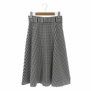 ギンガムチェックフレアスカート ミモレ丈 ロング ベルト付き 34 黒 白 ブラック ホワイト