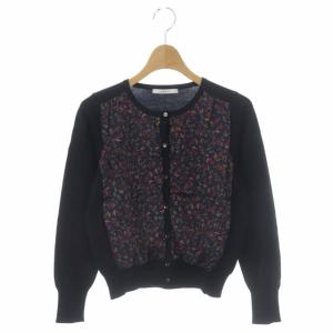 フラワープリント切り替えカーディガン ニット 長袖 前開き 36 黒 赤 ベージュ