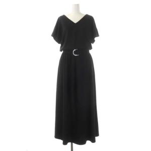 ベルト付きカットソーマキシワンピース Vネック 半袖 ギャザー プルオーバー ベルト付き 黒 ブラック