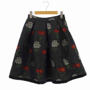 フラワー刺繍 タックジャガードスカート フレアスカート 膝丈 ボタニカル柄 38 チャコール マルチカラー 817533