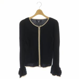 ニット ウール カーディガン 長袖 袖口リボン ジップアップ 40 紺 ベージュ ネイビー 818707