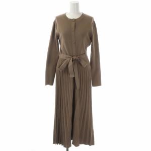 20AW プリーツニットワンピース 長袖 ロング ベルトリボン クルーネック 36 モカブラウン