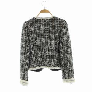 Lois CRAYON ツイードジャケット ノーカラー ショート丈 総裏地 ジップアップ M 黒 白 ブラック ホワイト
