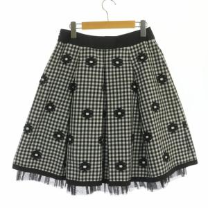 M'S GRACY 花柄 ギンガムチェック柄スカート 膝丈 裾チュール フレア 40 黒 白 ブラック ホワイト