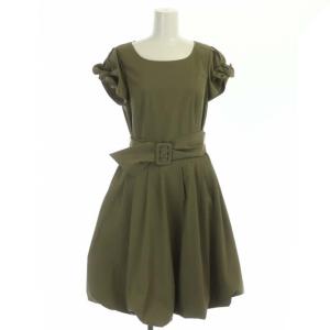 袖リボン ワンピース ロング ミモレ丈 半袖 バルーン ベルト付き 38 カーキ