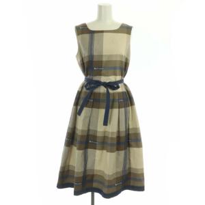 チェック ロゴワンピース ロング ノースリーブ ベルト付き 38 茶 ベージュ 紺