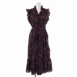 ワンピース ノースリーブ フリル カシュクール フレア ロング 花柄 ベルトリボン 0 黒 ピンク ブラック