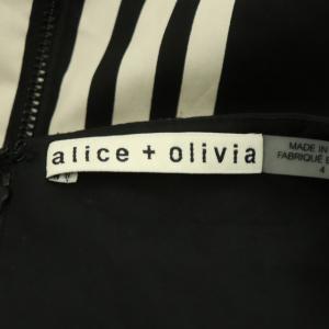 alice + olivia ストライプベルスリーブワンピース 七分袖 フレア ギャザー ミニ クルーネック 4 黒 白 ブラック ホワイト