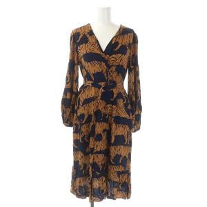 タイガープリントドレス ワンピース ひざ丈 長袖 36 キャメル 濃紺 ネイビー