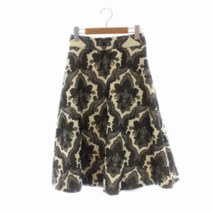 ウール総柄フレアスカート ミモレ ロング 36 アイボリー グレー