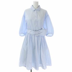 シャツワンピース ステンカラー バルンスリーブ ７分袖 ロング ストライプ クリスタルボタン ギャザー 38 ライトブルー