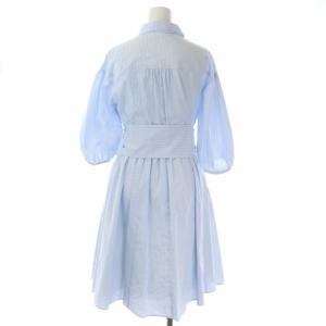 M'S GRACY シャツワンピース ステンカラー バルンスリーブ ７分袖 ロング ストライプ クリスタルボタン ギャザー 38 ライトブルー