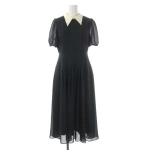 21AW 襟付きプリントワンピース 半袖 ロング プリーツ シアー 36 黒 ブラック オフホワイト