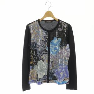 ファッション ウール フロントプリント スパンコール カーディガン ニット 長袖 38 ブラック マルチカラー