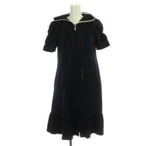 22年 ジップパーカーワンピース 膝丈 半袖 フード 前開き インナー付き 36 紺 白 ネイビー ホワイト