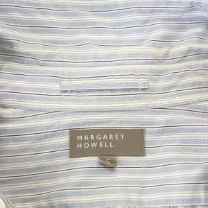 MARGARET HOWELL コットンストライプシャツ ブラウス 長袖 S ブルーグレー 白 チャコール