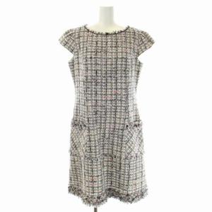 LAUSANNE ドレス ツイードワンピース フレンチスリーブ 台形 膝丈 ラウンドネック 6 白 ホワイト マルチカラー