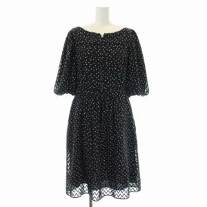 20AW APRES MIDI ドレス ワンピース 半袖 パフスリーブ フレア 膝丈 ドット スリットネック 6 黒 白 ブラック