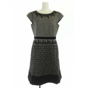 20th Anniversary ウール シルク混 刺繍 フレンチスリーブ ワンピース ひざ丈 4 グレー 黒 ブラック