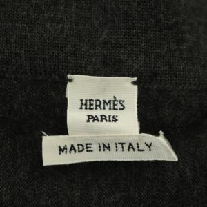 HERMES ツイルレーヌ ドット×ベルト柄 ロングカーディガン 切替 長袖 シルク カシミヤ 38 ダークグレー